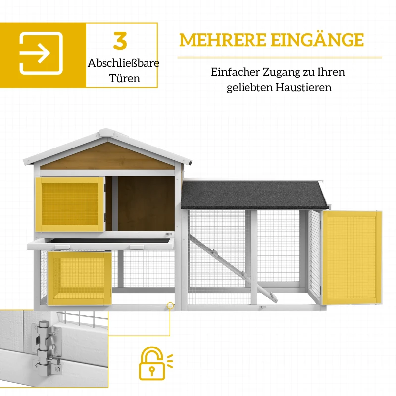 PawHut Hasenstall 2 Etagen Kaninchenstall Holz Kaninchenkäfig mit Bitumendach Freilaufgehege Rampe Türen 147x54x84 cm Gelb