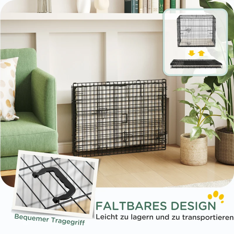 PawHut Hundekäfig klappbar Hundebox mit 2 Türen, Transportkäfig mit ausziehbare Bodenschale Kissen 75 x 48,5 x 53 cm Schwarz