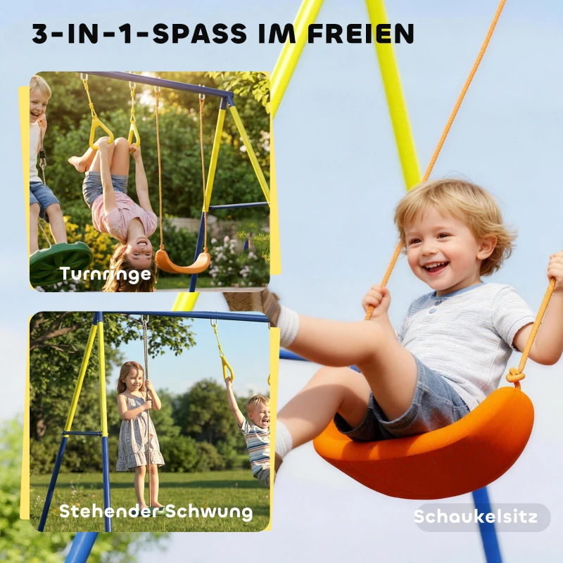 AIYAPLAY Schaukelgestell bis 150 kg 3-in-1 Kinderschaukel mit klassischer Schaukel, Turnringe, Stehschaukel, 285x160x181 cm