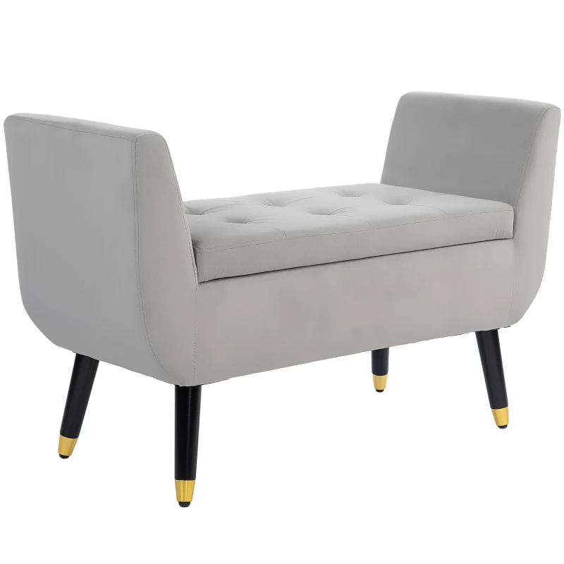 HOMCOM Sitzbank mit Stauraum und Armlehnen, Truhenbank, samtartiges Polyester, Kautschukholz, Hellgrau, 107 x 42 x 65 cm