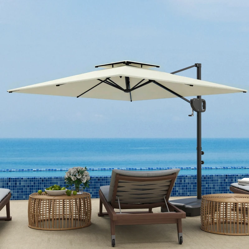 Outsunny Guarda-sol suspenso quadrado 2,5 x 2,5 m, guarda-sol de jardim exterior, Dupla cobertura, inclinável, 2 bases, manivela, Creme