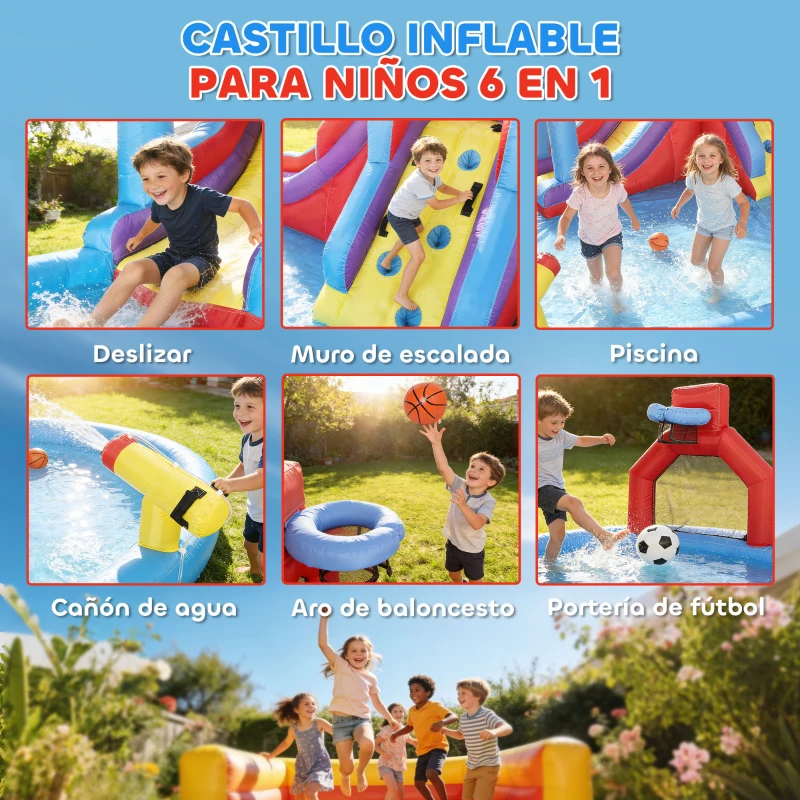 AIYAPLAY Castillo Hinchable Acuático con Soplador 550W Tobogán Pared de Escalada Piscina Aro de Baloncesto Portería de Fútbol