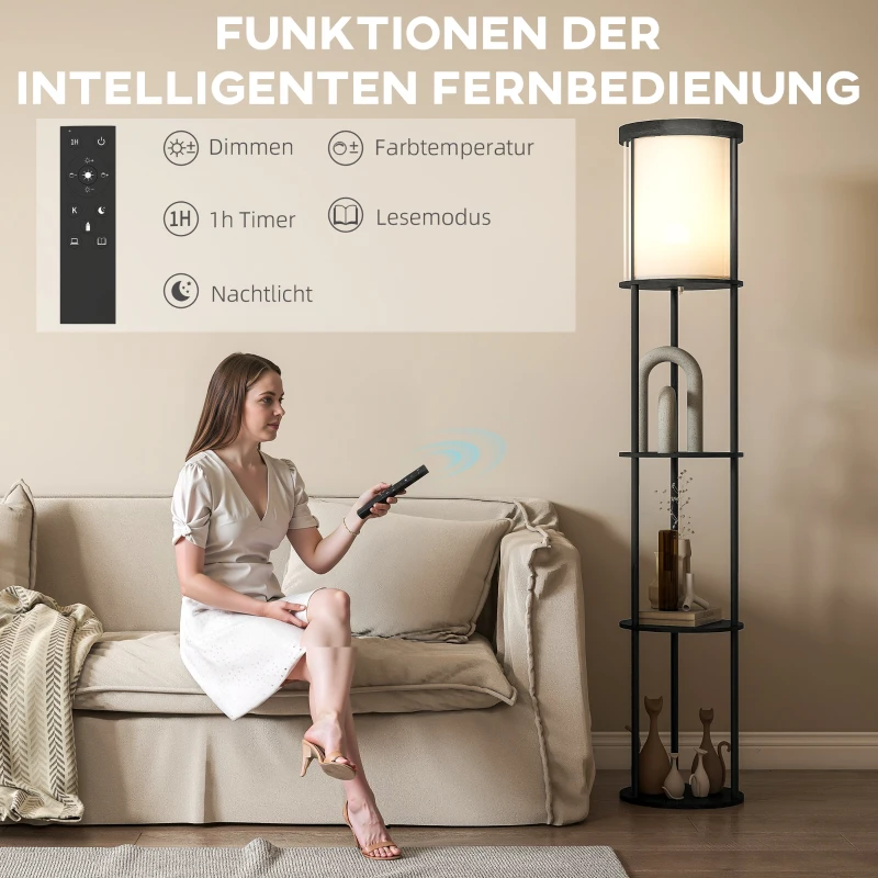 HOMCOM Stehlampe mit 3 Regalen, rundes Design, Fernbedienung, Fußschalter, verstellbare Lichtwärme, für Wohnzimmer, Schwarz