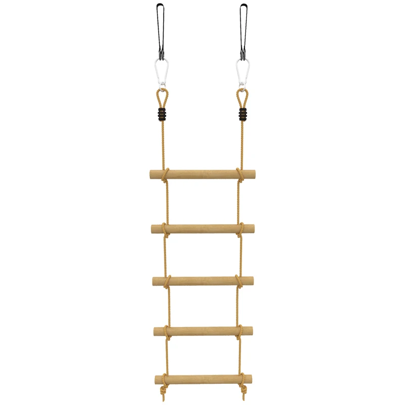 AIYAPLAY Ninja Line Enfants 1,8 m Échelle d'escalade 5 niveaux avec 2 mousquetons 2 sangles d'arbre pour 3-8 ans 40 x 3,5 x 180 cm Bois naturel