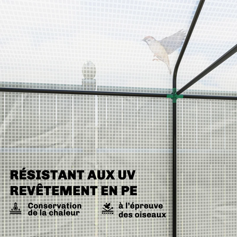 Outsunny Serre de jardin PE, serre de balcon, bâche renforcée 135 g/m², châssis en acier, porte zippée, 200 x 140 x 200 cm, blanc
