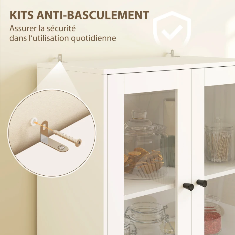 HOMCOM Buffet haut cuisine, armoire de cuisine avec portes vitrées, tiroirs et étagères réglables, 59x30x170cm, blanc brillant(m-6)