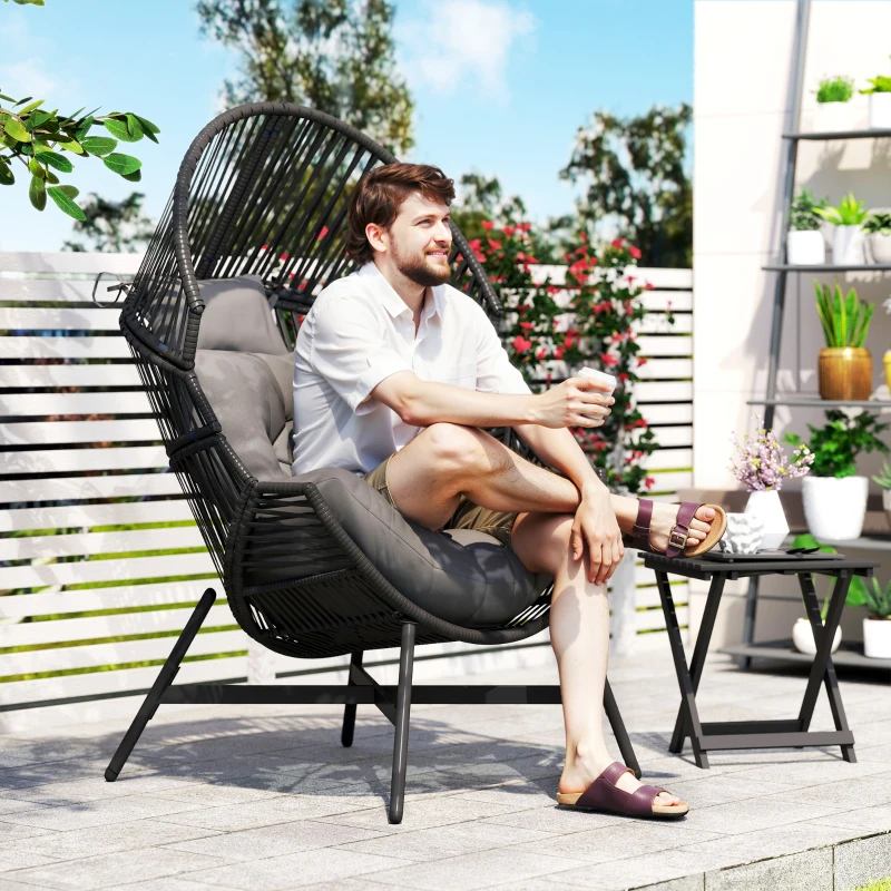 Outsunny Rattan Egg Chair, Oversized Freestanding Garden Egg Chair with Thick Tufted Cushion, Headrest, Steel Frame for Indoor and Outdoor Use, Charcoal Grey