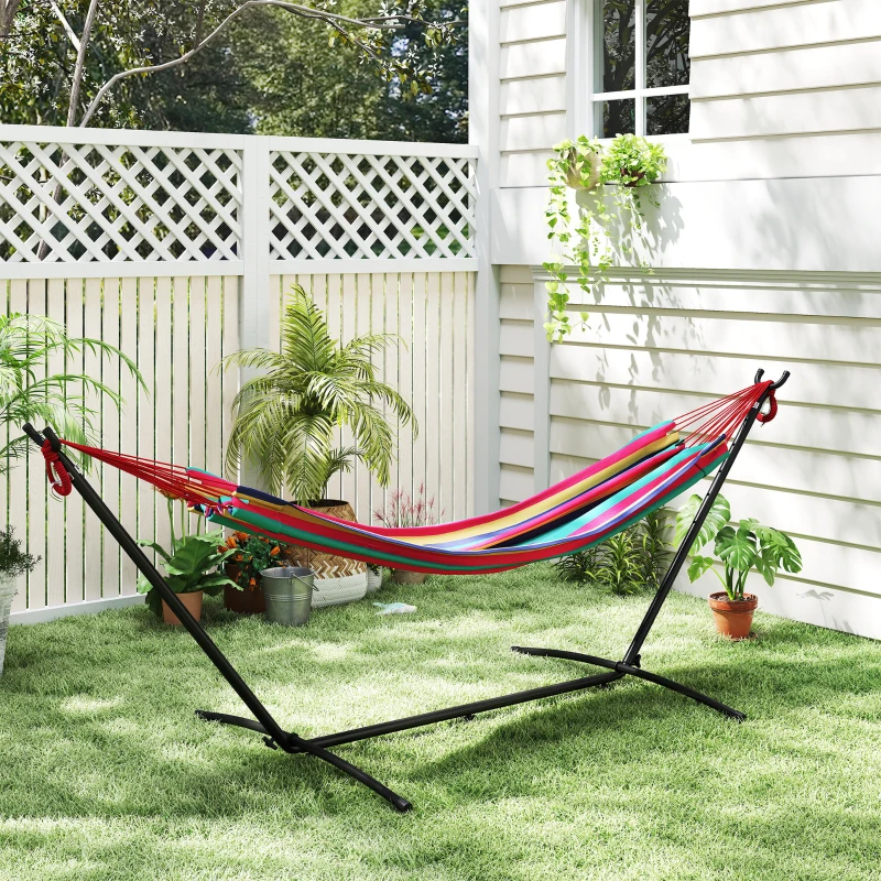 Outsunny Amaca Autoportante con Supporto, Altezza Regolabile e Borsa di Trasporto, 310x117x105 cm, Rosso