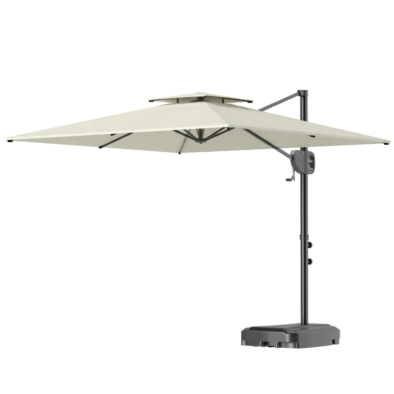 Outsunny Umbrelă cu braț lateral pătrată 2,5 x 2,5 m, umbrelă pentru grădină exterioară, dublă ventilare, înclinabilă, 2 baze, manivelă, Crem