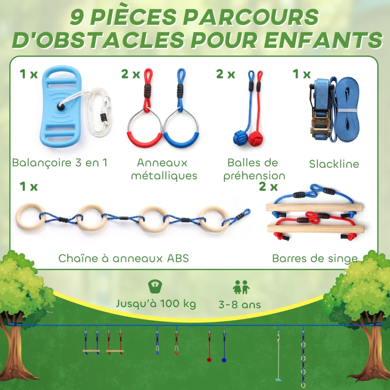 AIYAPLAY Parcours d'obstacles Ninja pour enfants 10 M kit de tyrolienne complet charge 100 kg, installation facile, multicolore