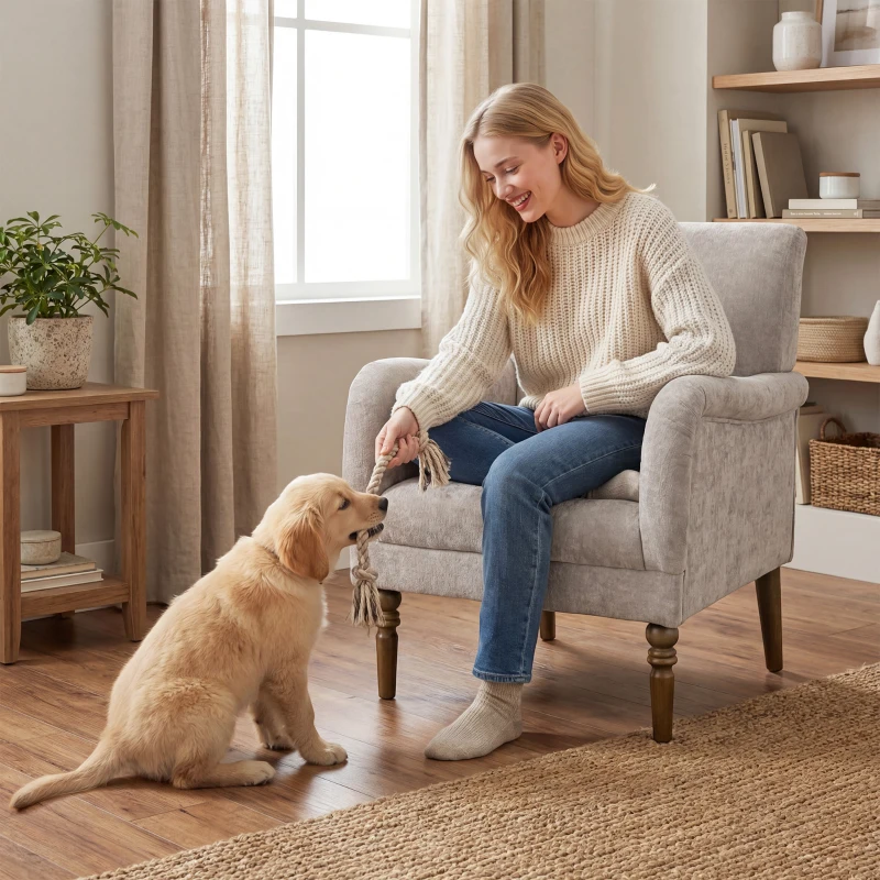 HOMCOM Poltrona Relax Estofado em Linho Apoios de Braços Elegantes Pés de Madeira Maciça Acolchoamento Espesso Cinzento