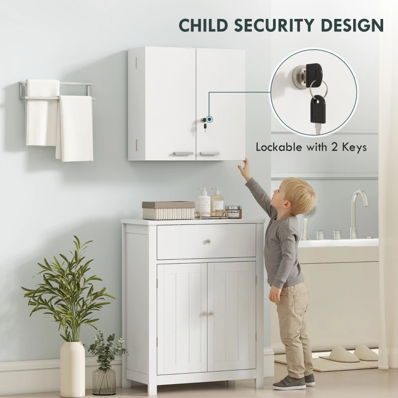 HOMCOM Szafka na leki zamykana na klucz, 2-drzwiowa, wisząca, 11 przegródek, 2 klucze, 53 x 20 x 53 cm, biała