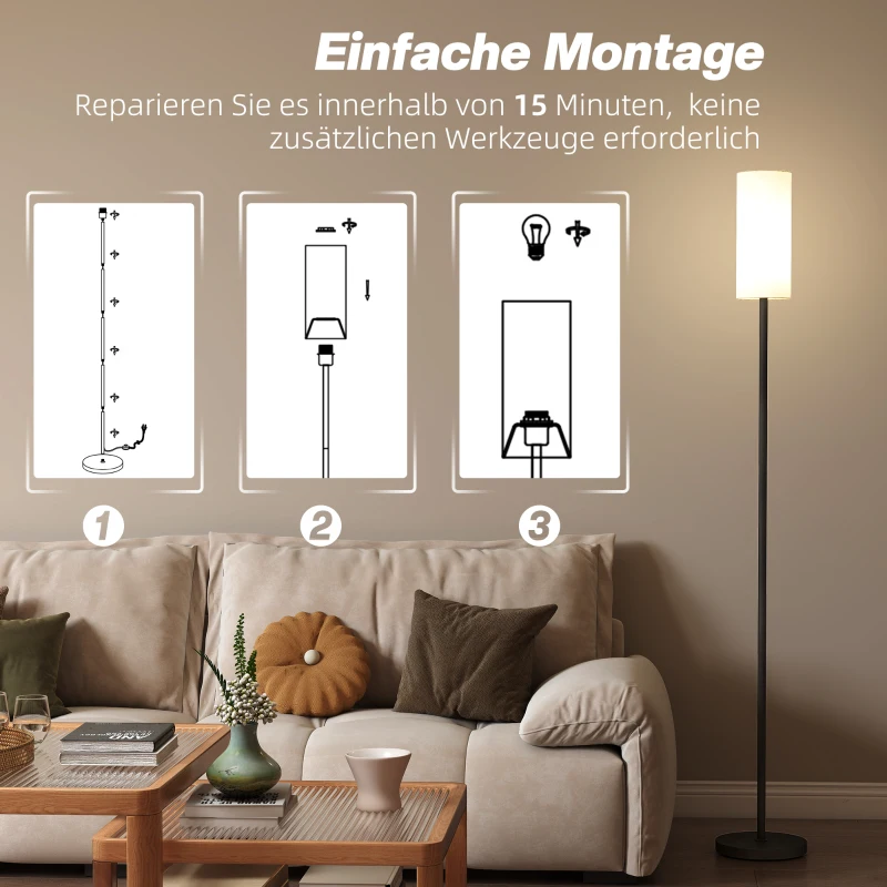 HOMCOM Stehlampe, Schirm in Leinenoptik, Metallstange, Fußschalter, Weiß