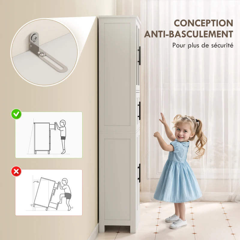 HOMCOM Meuble de salle de bain, meuble de rangement 6 niveaux, 6 portes dont 2 vitrées, étagères réglables, 60x30x170cm, blanc