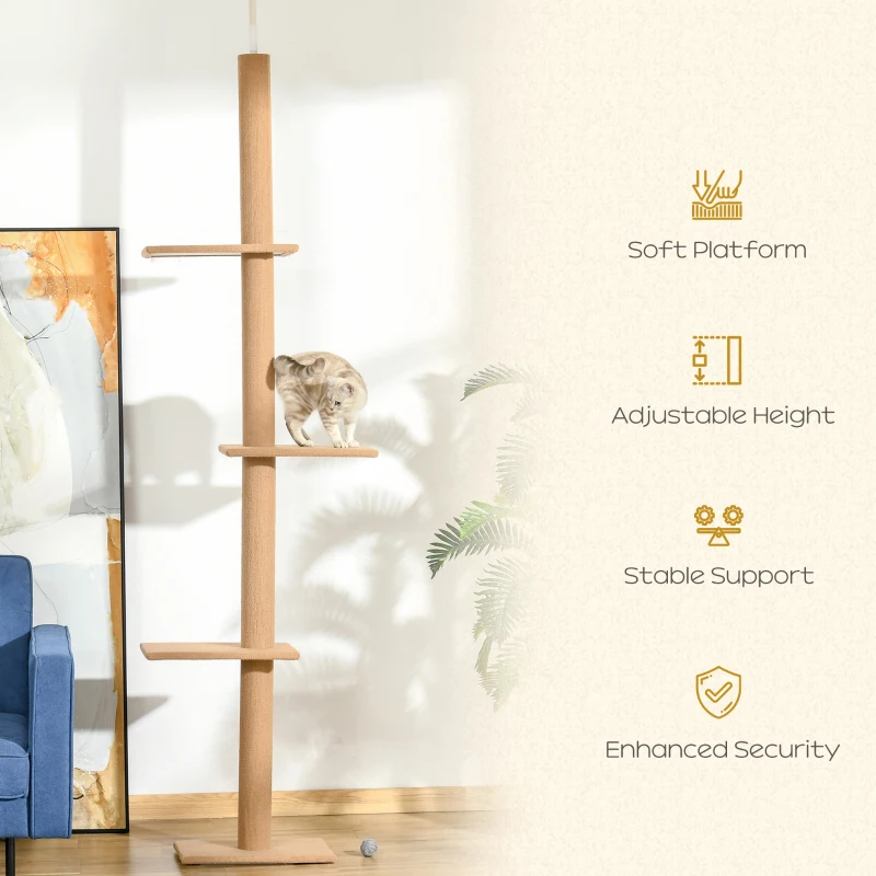 PawHut 260cm Floor To Ceiling Cat Tree for Indoor Cats w/ Three Platforms Activity Centre - Brown