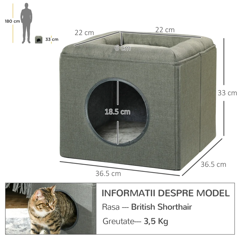 PawHut Căsuță pentru Pisici cu 2 Niveluri, cu Pernă din Pluș, din Lemn, Poliester și Plastic, 36,5x36,5x33 cm, Verde