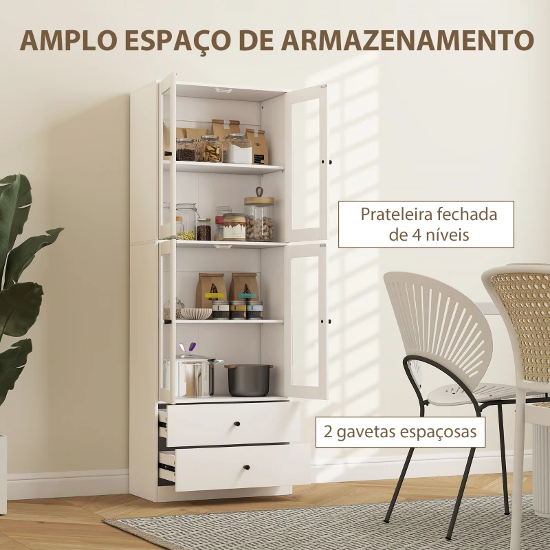 HOMCOM Armário de Arrumação Alto de Cozinha com 4 Portas de Vidro 2 Gavetas Prateleiras Ajustáveis 59x30x170 cm Branco