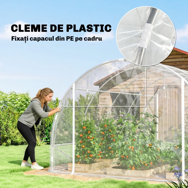 Outsunny Seră de Grădină Tip Tunel 3x4x2 m cu 2 Uși Rulabile, Seră pentru Legume cu 4 Întăriri Diagonale, Cadru din Oțel și Acoperiș PE, pentru Legume, Flori, Fructe, Anti-UV, Transparent