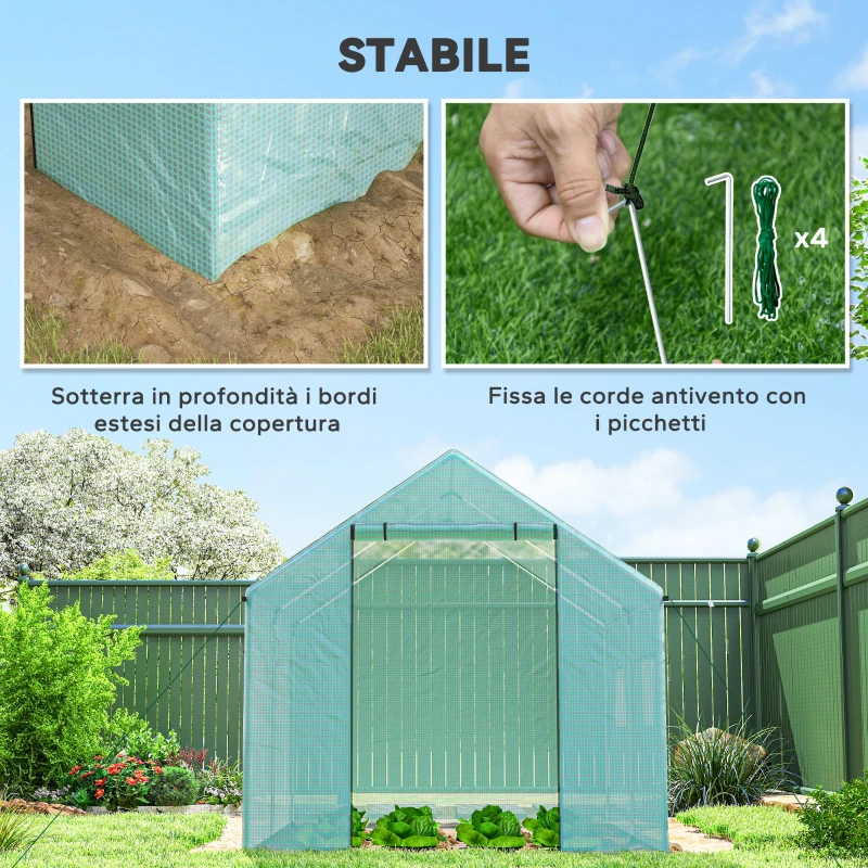 Outsunny Serra a Tunnel 2x3x2 m con Porte e Finestre Avvolgibili e Tetto a Punta, in Acciaio e PE, Verde