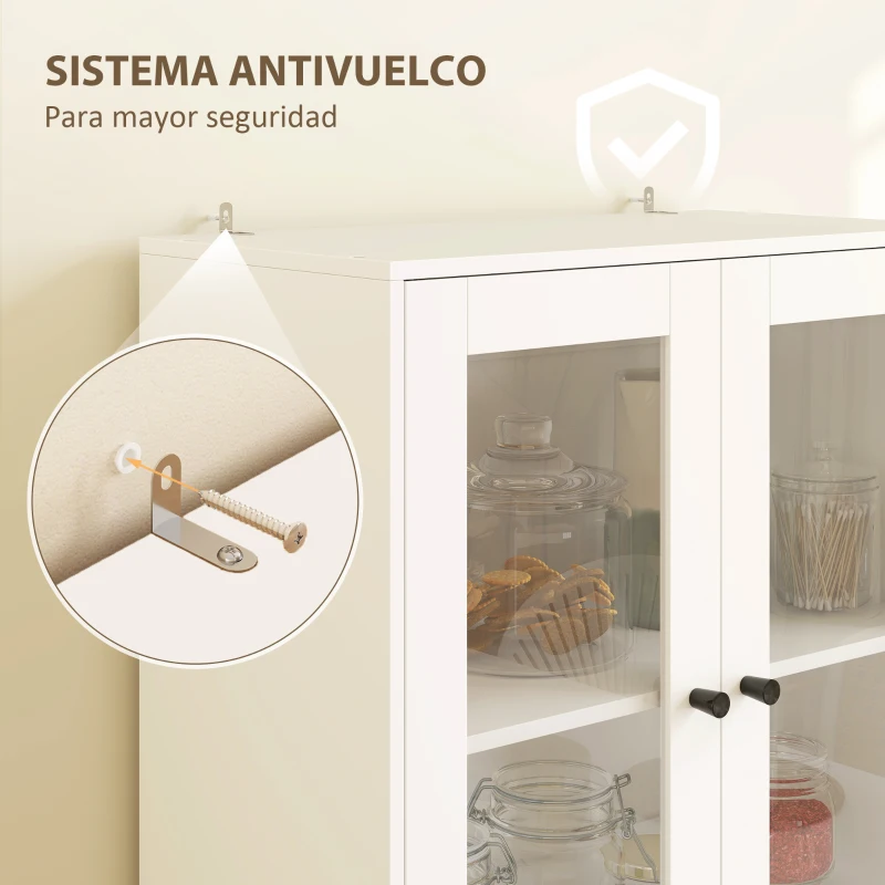 HOMCOM Alacena de Cocina Alta con 4 Puertas de Vidrio 2 Cajones Estantes Ajustables 59x30x170 cm Blanco
