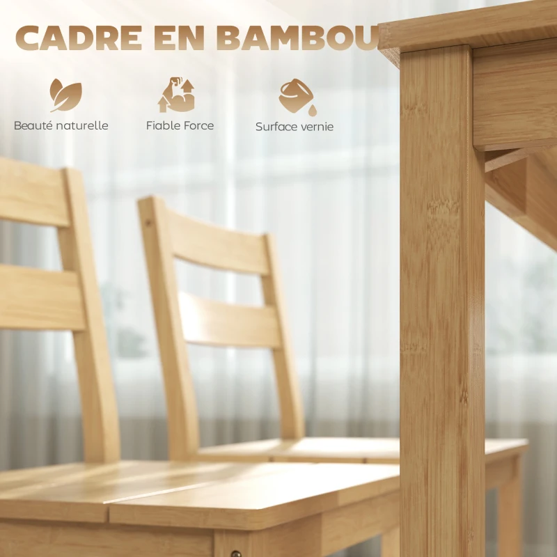 HOMCOM Ensemble de salle à manger en bambou, table à manger avec 2 chaises et banc pour 4 personnes, bois naturel