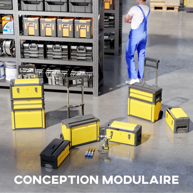 HOMCOM Lot de 3 boîtes à outils sur roulettes empilables et modulaires en acier avec plateau, poignées et serrure, jaune