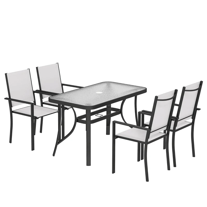 Outsunny Ensemble Repas Jardin avec Trou pour Parasol, Table et Chaises pour 4, Gris Clair