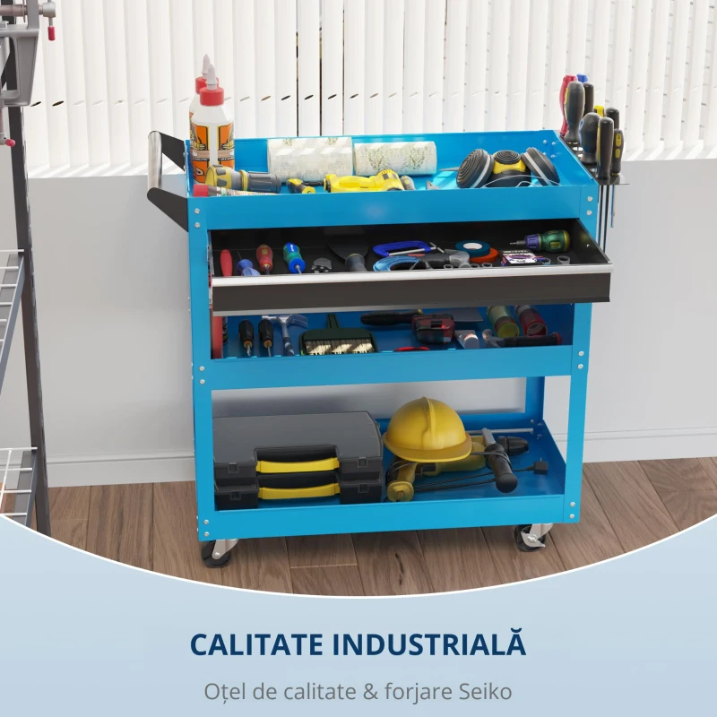 Durhand Carucior Scule 82×35×76 cm – Cu Sertar, Maner & 3 Rafturi