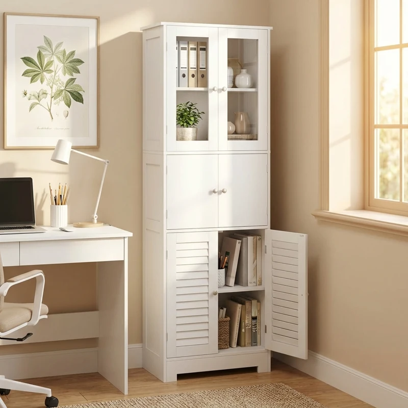 HOMCOM Armário Casa de Banho Coluna Casa de Banho com 6 Portas Prateleiras Ajustáveis Anti-tombo 60x30x170,5 cm Branco