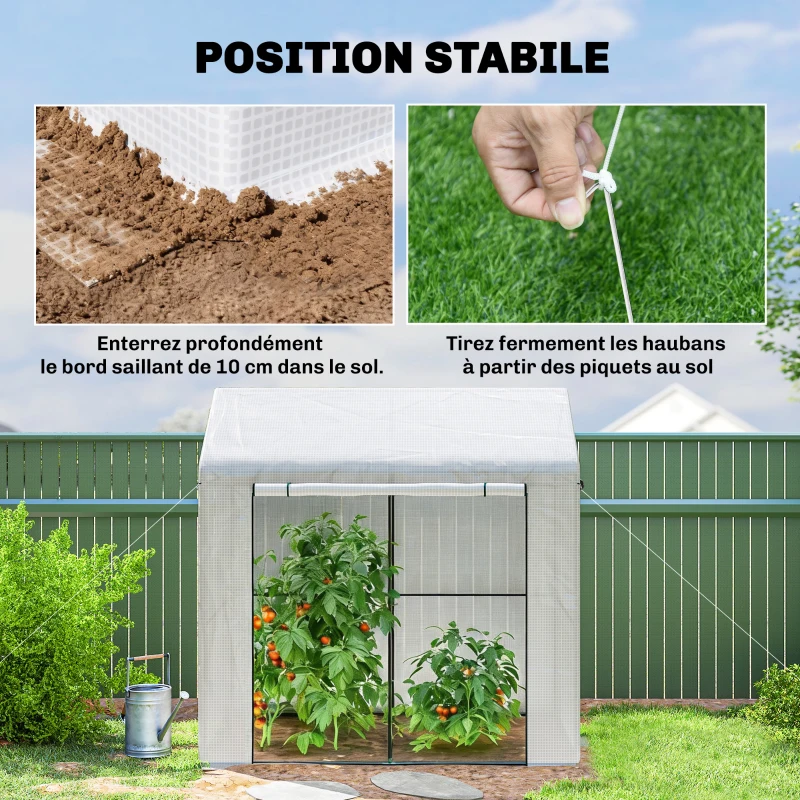 Outsunny Serre de jardin PE, serre de balcon, bâche renforcée 135 g/m², châssis en acier, porte zippée, 200 x 140 x 200 cm, blanc