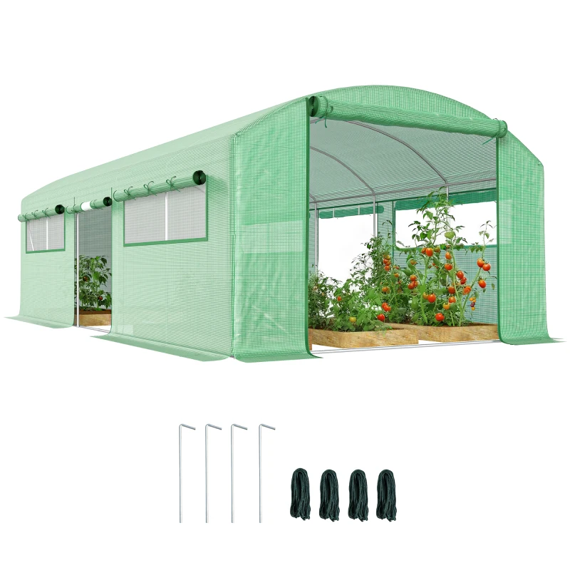 Outsunny Invernadero de Túnel 6x3x2 m con 6 Ventanas de Malla Cubierta de PE Anti-UV y 3 Puertas Enrollables Verde