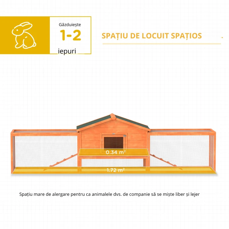 PawHut Cușcă cu Căsuță și 2 Împrejmuiri, Cușcă cu Rampă pentru Iepuri și Animale Mici, 309x69.5x87 cm, Portocaliu