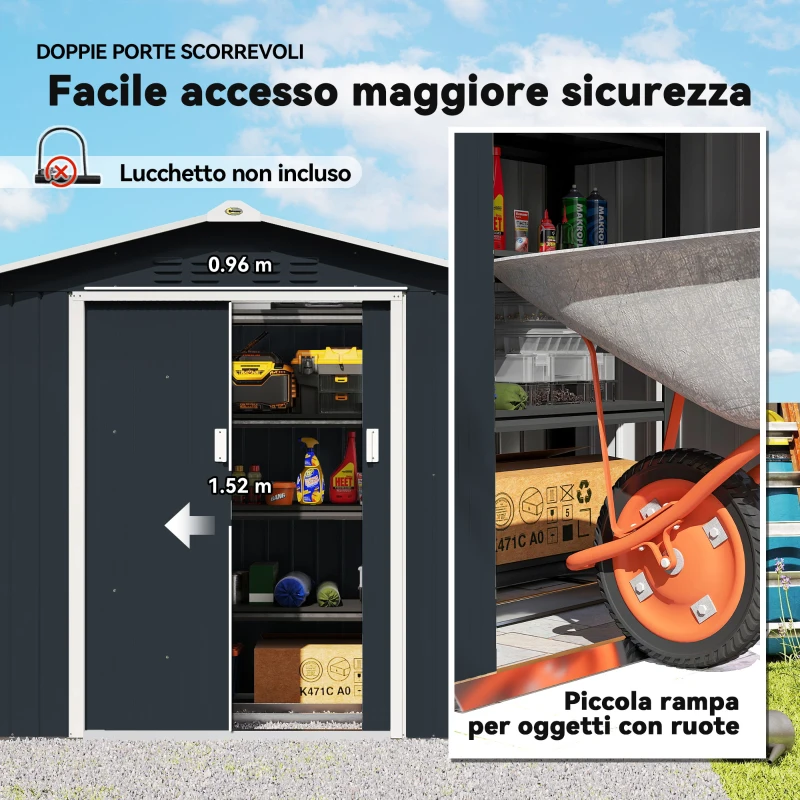 Outsunny Casetta da Giardino in Metallo con Prese d'Aria e Doppia Porta Scorrevole, 277x195x192 cm, Grigio Scuro