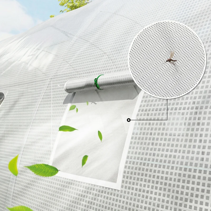 Outsunny Invernadero de Túnel con 2 Varillas de Soporte 2 Puertas Enrollables y Ventanas de Malla Cubierta de PE Anti-UV Blanco