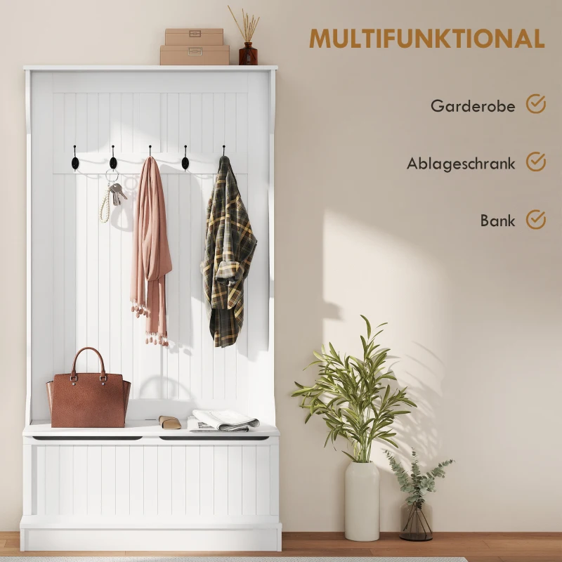 HOMCOM Garderobe mit Sitzbank, 5 Kleiderhaken, 1 Stauraum, Wandgarderobe, Weiß + Schwarz