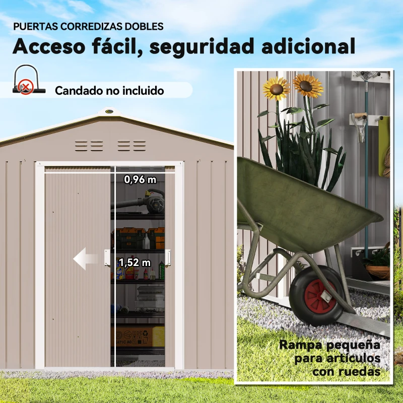 Outsunny Cobertizo de Jardín 4,9 m² 277x195x192 cm con 2 Puertas Correderas Techo de Fibra de Vidrio y 4 Ventanas Gris Claro