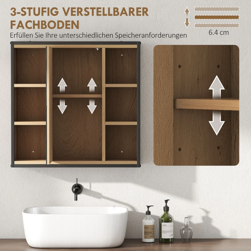 HOMCOM Badezimmer-Spiegelschrank, 6 offene Fächer, 3-stufiges Regal, Wandmontage, Eiche