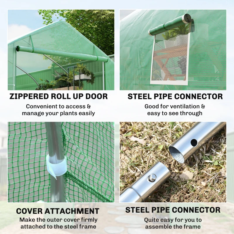 Outsunny Garten Gewächshaus Tunnel große Größe mit PE-Plane Rahmen aus Stahl aufrollbare Tür und 12 Fenster 8 x 3 x 2 m grün