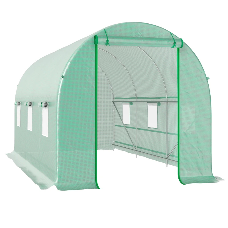 Outsunny Serre tunnel de jardin 8 m², serre de jardin tunnel avec porte et 6 fenêtres, bâche PE 140 g/m² 400 x 200 x 200 cm vert