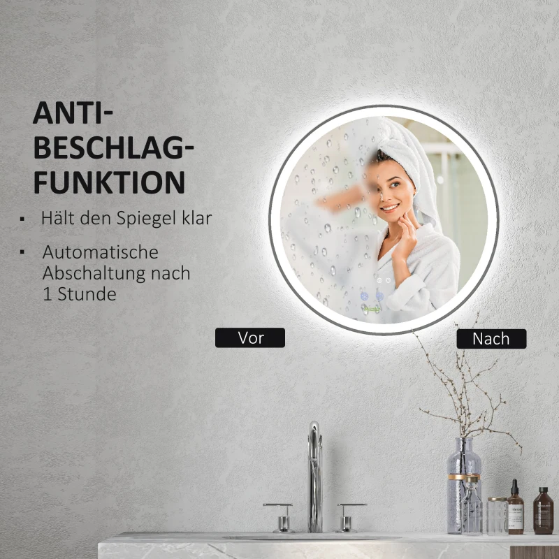 kleankin Badezimmerspiegel Badspiegel Runder Spiegel, LED- Licht, Touch-Funktion, kein Beschlagen, 60 x 60 cm