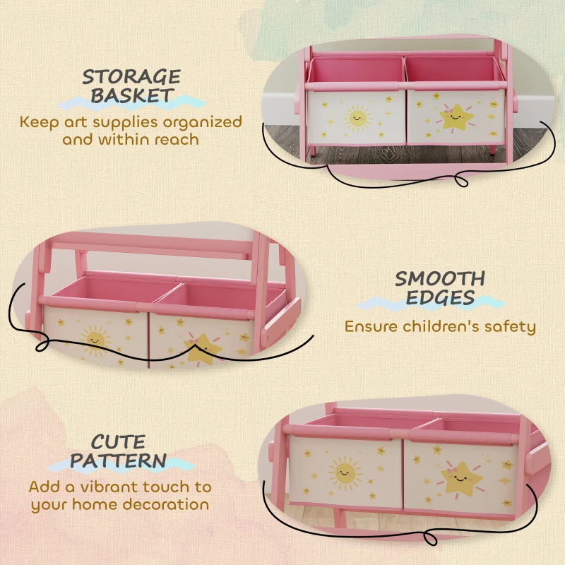 AIYAPLAY Kinder Ezel 3-in-1 Kindertafel met Krijtbord, Whiteboard, Papierrol en 2 Opbergmanden, voor 3-8 Jaar, Roze