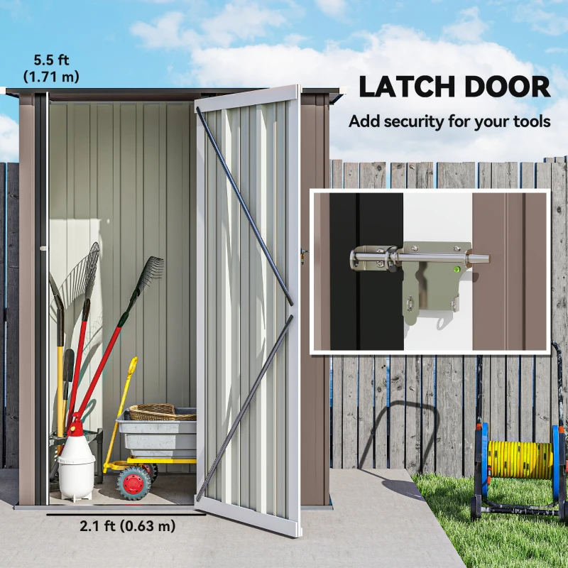 Outsunny Schowek na Narzędzia 1,07 m² z Pochyłym Dachem, 142 x 84 x 189 cm z Zamykanymi Drzwiami, Domek Ogrodowy, Stal, Brązowy