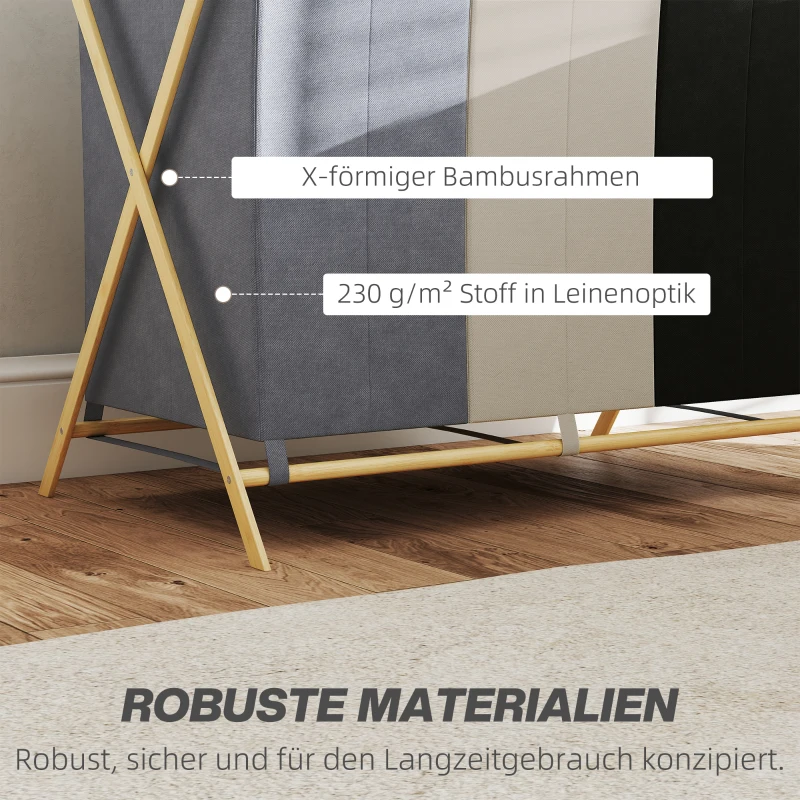 HOMCOM Wasmand met 3 vakken 129L Opvouwbaar Wasverzamelaar voor Wasruimte Slaapkamer Meerkleurig