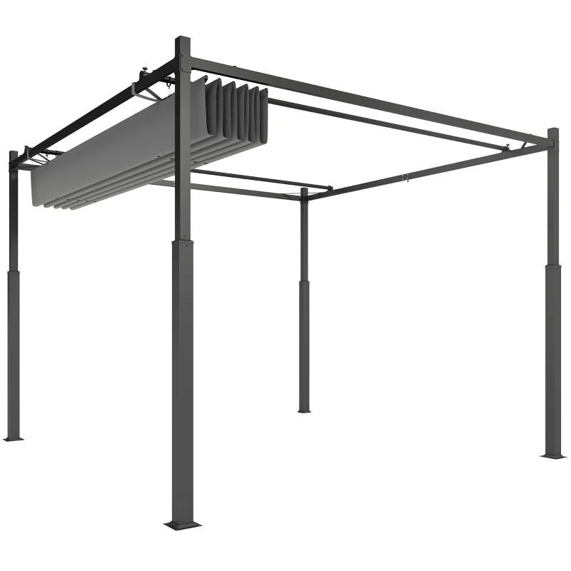 Outsunny Pérgola de Jardim 3x3 m com Teto Retrátil e Acessório Magnético Proteção UV30+ Colunas Metálicas e Ganchos Cinzento