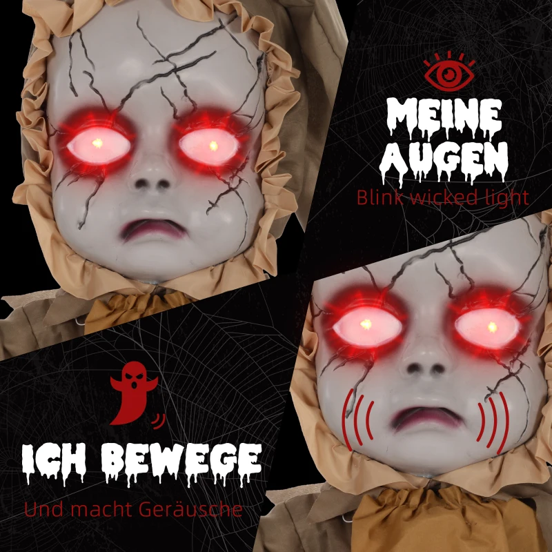 HOMCOM Grusel-Puppe Halloween-Dekoration, beweglicher Kopf, rote Augen, Batteriebetrieb(m-5)