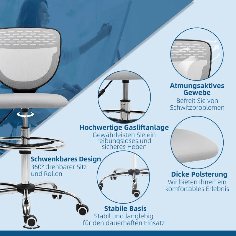 Vinsetto Bureaustoel, werkstoel, bureaustoel, in hoogte verstelbaar, gewatteerd, lichtgrijs
