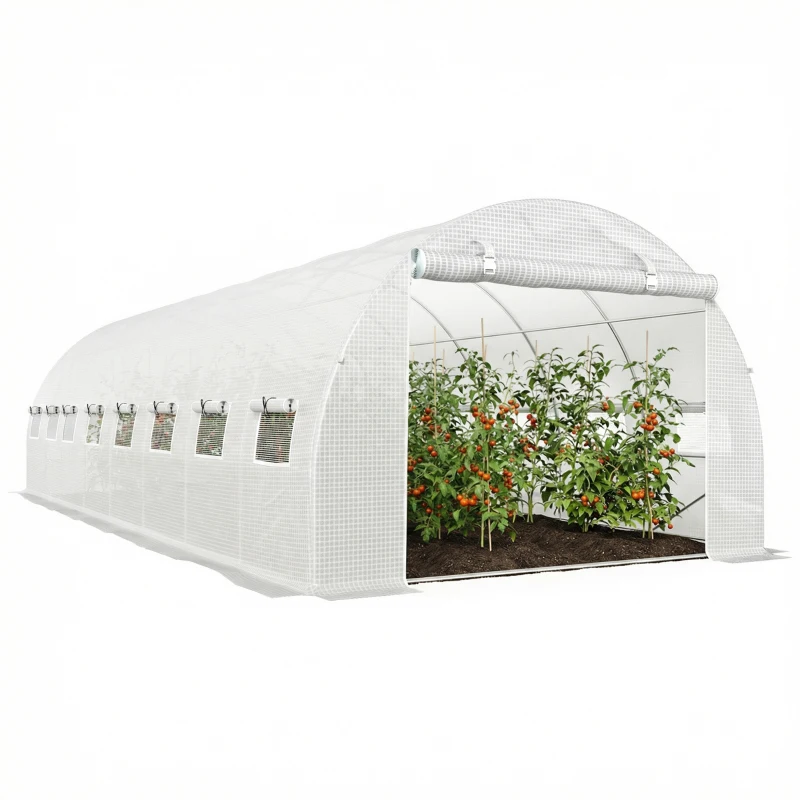Outsunny Serre de jardin tunnel 24m² 8L x 3l x 2H m - 16 fenêtres, Porte zippée enroulable acier galvanisé, bâche PE, Blanc