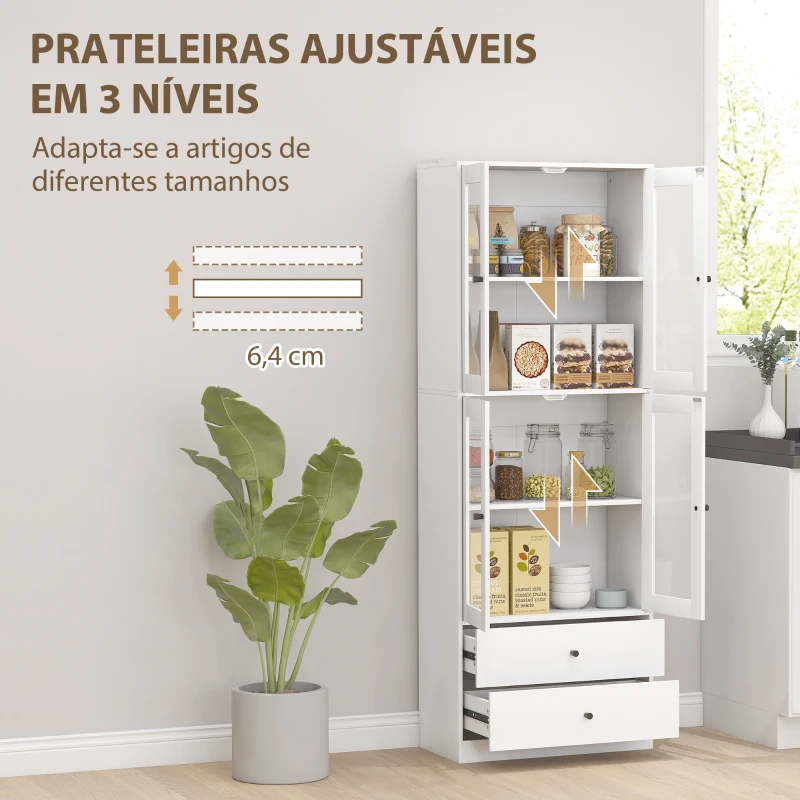 HOMCOM Armário de Arrumação Alto de Cozinha com 4 Portas de Vidro 2 Gavetas Prateleiras Ajustáveis 59x30x170 cm Branco