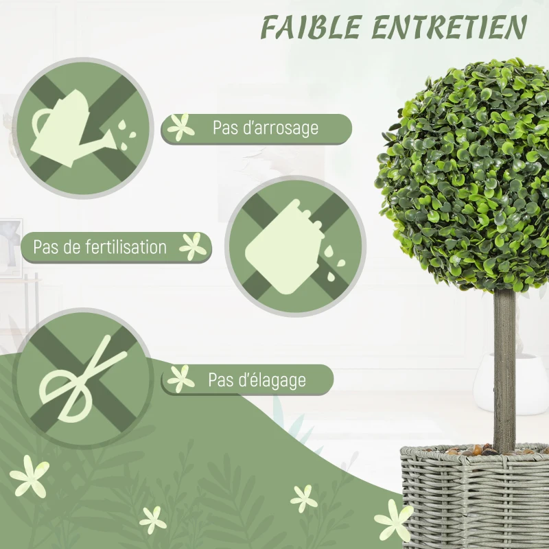 HOMCOM Lot de 2 plantes artificielles décoratives, boules de buis artificiel 50 cm avec pot en plastique tressé et galets, vert