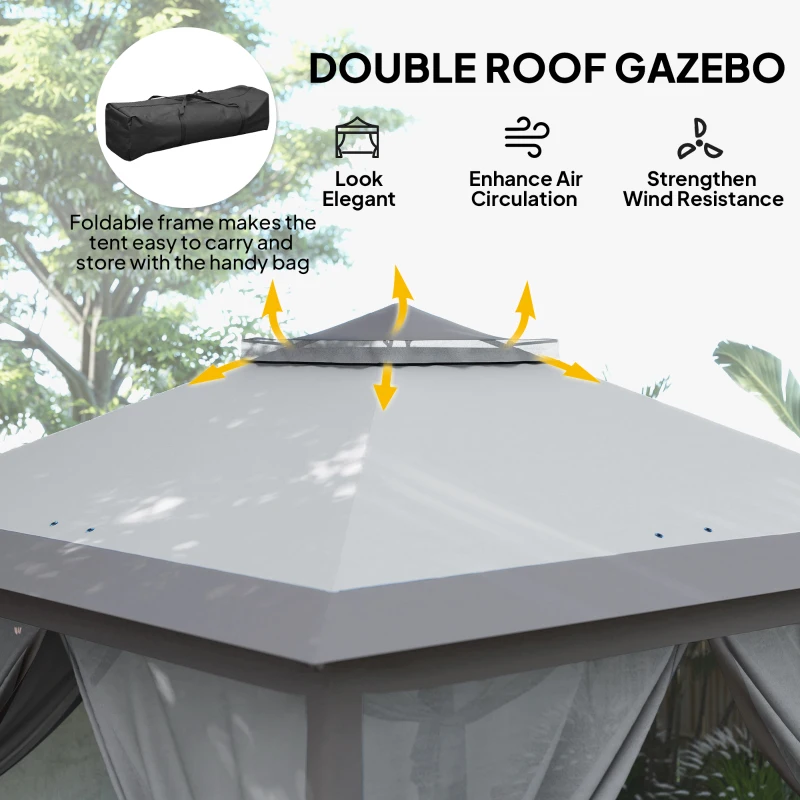 Outsunny 330cm x 330cm Pop Up Canopy - Double Roof, Foldable Tent with Zipped Mesh Sidewalls, Adjustable Height and Carrying Bag, Event Tent for Patio Garden, Grey(m-4)